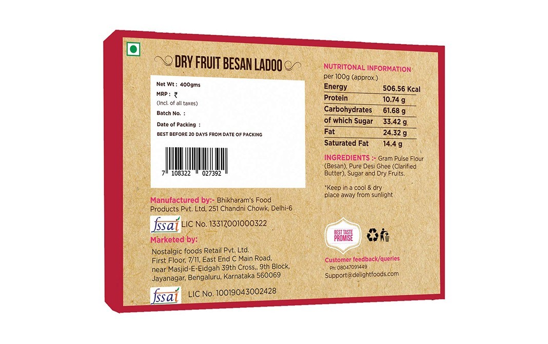 Delight Foods Dry Fruit Besan Ladoo    Box  400 grams
